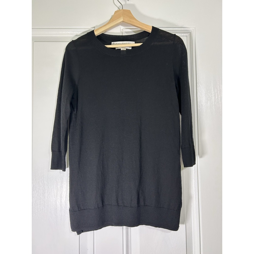 Max Studio Sweater Merino Wool Tunic Black Extrafine XS 3/4 Sleeve Super Light